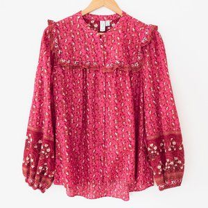 Joie Peasant Style Floral Print Long Sleeve Button Down Top with Ruffled Yoke